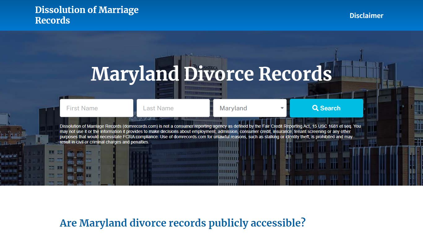 Maryland Divorce Records - Dissolution of Marriage Records